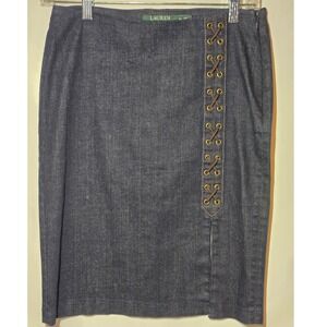 Lauren Ralph Lauren Denim Pencil Skirt Dark Wash Lace Up Side Slit Indigo 20in